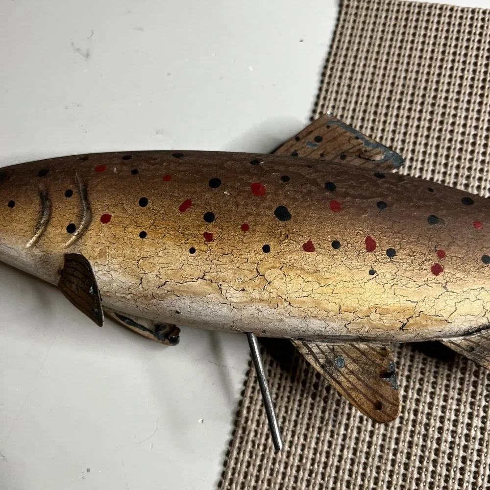 Vintage Hand Carved Wooden Brown Trout Fish Decoy Folk Art Rustic Cabin Decor